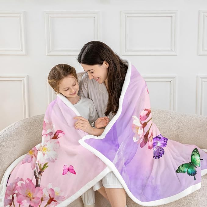 Feelyou Girls Butterfly Fleece Throw Blanket Throw 50"x60" Kids Chic Gorgeous Sherpa Blanket Plush Fuzzy for Bed Couch Chair Living Room, Floral Flower Bed Blanket Room Decor