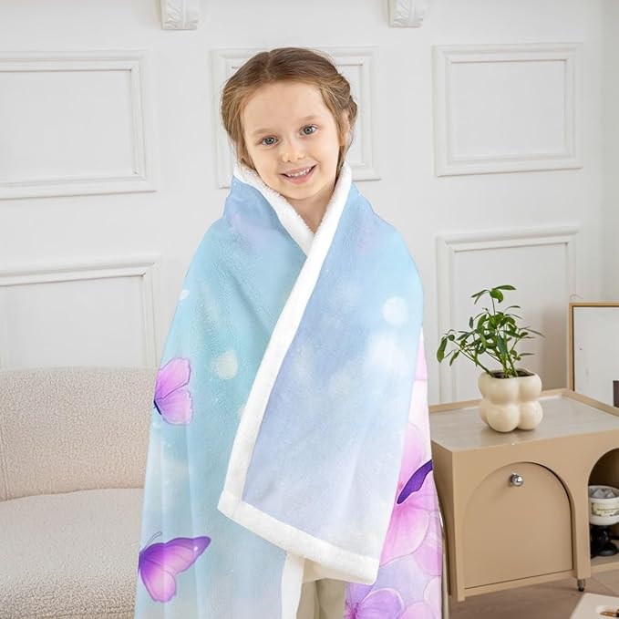 Feelyou Purple Blue Butterfly Fleece Throw Blanket Queen 90"x90" Kids Girls Sherpa Blanket Plush Fuzzy for Bed Couch Chair Living Room, Floral Flower Bed Blanket Cute Watercolor Room Decor