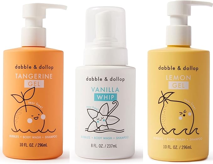 Dabble & Dollop Citrus Kiss Bundle, Natural Bubble Bath, Body Wash & Shampoo for Kids, Paraben & Sulfate Free, Vegan, Gluten-Free, Tear-Free, Tangerine, Vanilla, Lemon (Set of 3)