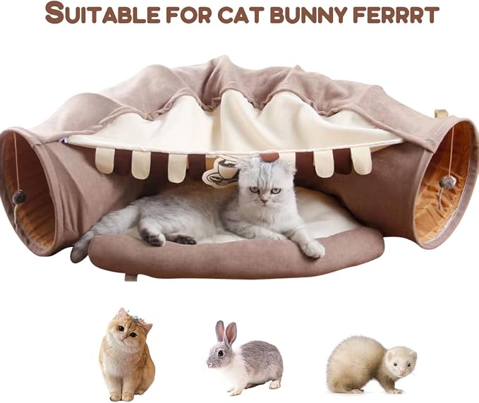 EAEDMY Cat Rabbit Tunnel Bed Nest for Cats Indoor, with Collapsible Washable Soft Cushion, Plush Ball and Exercise Wheel Tube, Fit for Puppy Bunny Kitty Kitten Ferret(2.Coffee)