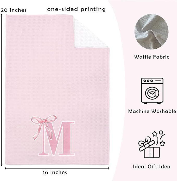 Monogrammed Initial M Hand Towels for Bathroom, Personalized Gifts for Women Girls Birthday Christmas, Coquette Preppy Pink Bows Waffle Kitchen Dish Tea Towels with Initial, 16x24 Inch