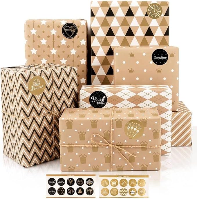 MAMUNU Gift Wrapping Paper Set, 8 Sheets Brown Wrapping Paper for Birthday Graduation and All Occasions, Gift Wrap Paper Set for Men Women, 20x28 Inch