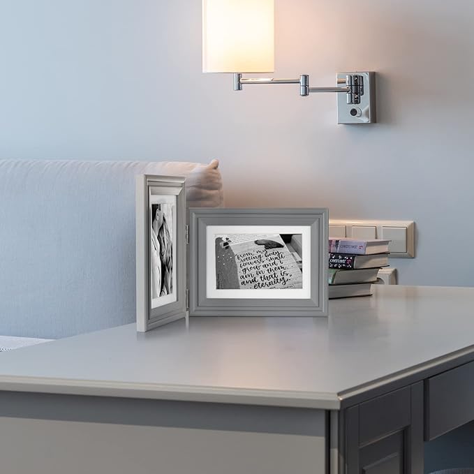 5X7 Double Wooden Hinged Picture Frame Vertical and Horizontal in Gray, Display 4x6 with Mat or 5x7 without Mat, Folding Photo Frame with Real Glass Front for Tabletop X2-HUI-SH57