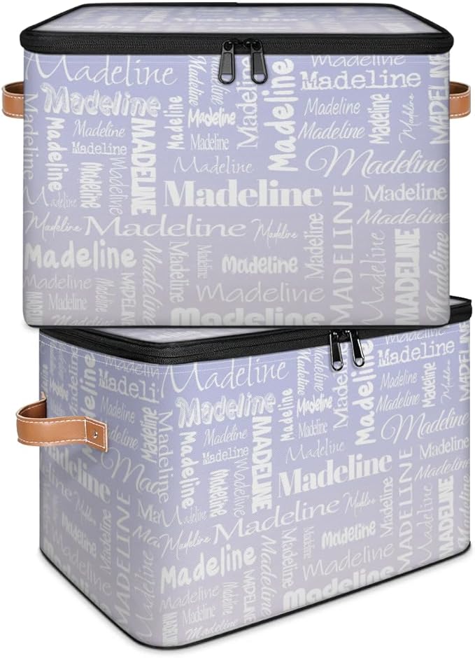 Custom Storage Basket with Name, Personalized Keepsake Box with Zipper Lid, Foldable Fabric Memory Bin Large capacity with Handle Purple White