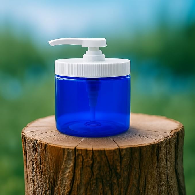 Royal Massage 16oz Refillable Pump Jar with Locking Dip Tube Dispenser – BPA-Free Plastic Container for Massage Oils, Lotions, Creams – Ribbed Lid Wide-Mouth Jar – Durable & Reusable (Blue/White, 1)