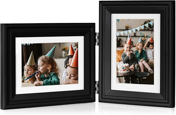 5X7 Double Wooden Hinged Picture Frame Horizontal and Vertical in Black, Display 4x6 with Mat or 5x7 without Mat, Folding Photo Frame with Real Glass Front for Tabletop X2-HEI-HS57
