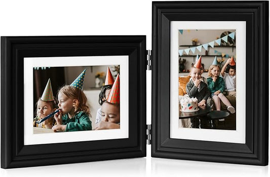 5X7 Double Wooden Hinged Picture Frame Horizontal and Vertical in Black, Display 4x6 with Mat or 5x7 without Mat, Folding Photo Frame with Real Glass Front for Tabletop X2-HEI-HS57