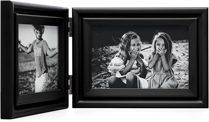 Horizontal 4X6 Picture Frames Double Hinged Wood Folding Photo Frames with Real Glass Front Fit for Desktop or Tabletop, Black XHEI-H64X2