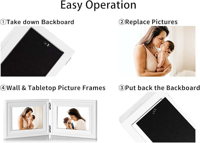 4x6 Double Hinged Picture Frame Folding Photo Frame Horizontal and Vertical in White Pine Wood with Real Glass for Tabletop X2-BAI-HS46