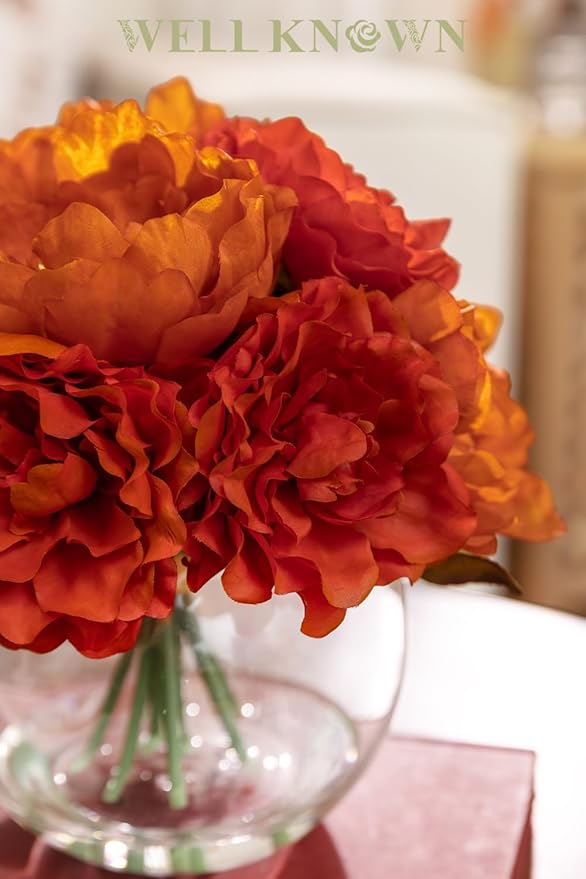 WELL KNOWN Artificial Flowers in Vase, Silk Peonies Flowers for Vase with Faux Water, Burnt Orange Fake Flower Arrangements for Thanksgiving Fall Winter Dinning Table Centerpieces Party Decor