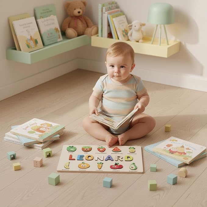 Personalized Name Puzzle for Toddlers 1-3, Customized Baby Girl Gift, Custom Baby Boy Gift, Wooden Name Puzzle for Kids, Custom Baby Stuff, Baby Nursery Room Decor (Fruits - 10 Figures)