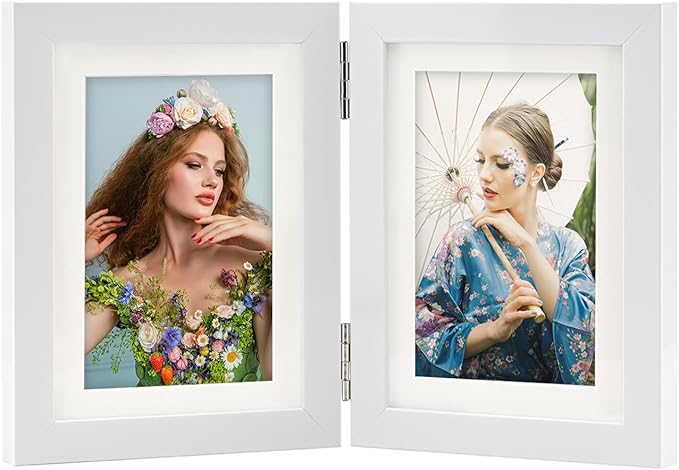 Double Hinged 5x7 Picture Frame with Tempered Glass-Tabletop or Wall Mounted, Display for 4x6 & 5x7 Photos (with/without Mat)-Matte White, For Family Photos & Wedding Memories-B57X2