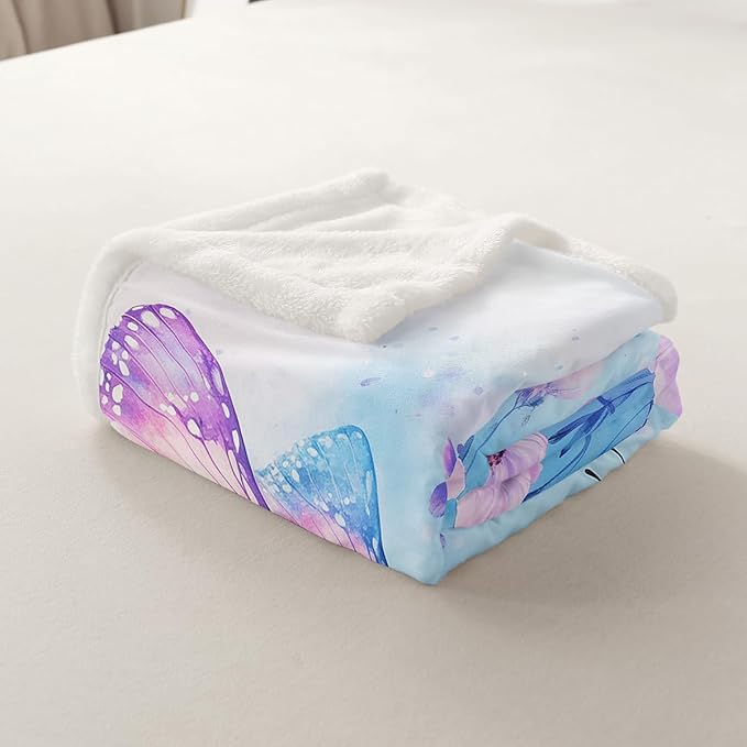 Feelyou Girls Fleece Throw Blanket Queen 90"x90" Kids Blue Butterfly Sherpa Blanket Plush Fuzzy for Bed Couch Chair Living Room, Floral Flower Bed Blanket Cute Watercolor Room Decor