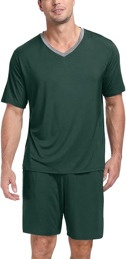 PrinStory Men's Pajama Set Sleepwear Pjs Lightweight Quick Dry Short Sleeve V-Neck Shirts and Shorts Soft Comfy Sleep Sets
