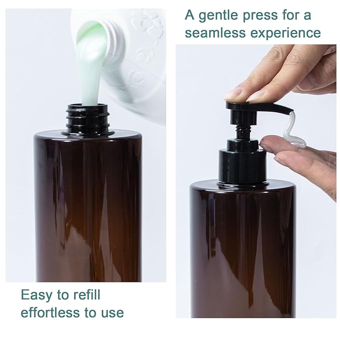 Yebeauty Shampoo Conditioner Body Wash Dispenser, 2 Pack 17oz Empty Bottle with Pump Clear-Amber Hand Soap Container Resuable Bathroom Countertop Soap Dispensers for Hand Dish Soap Kitchen Accessories