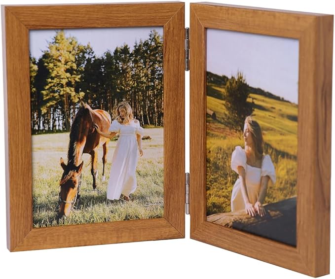 Double Vertical 4X6 Hinged PS Family Picture Frame Collage For Desktop or Tabletop (Wood Grain 46X2)