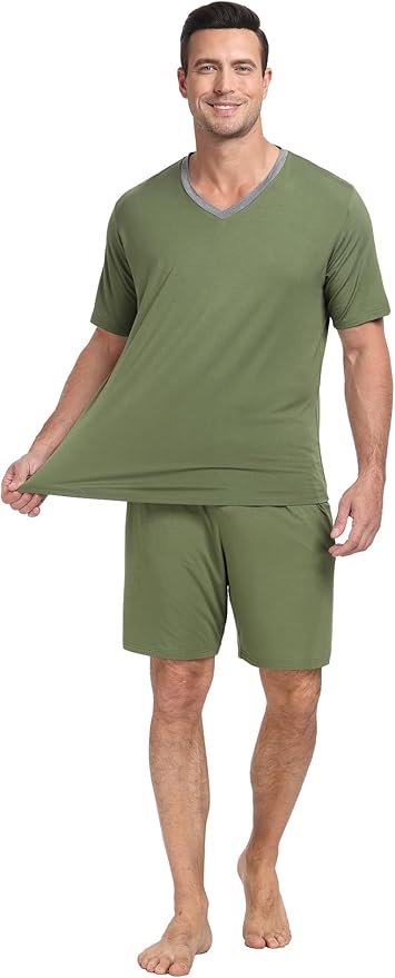PrinStory Men's Pajama Set Sleepwear Pjs Lightweight Quick Dry Short Sleeve V-Neck Shirts and Shorts Soft Comfy Sleep Sets