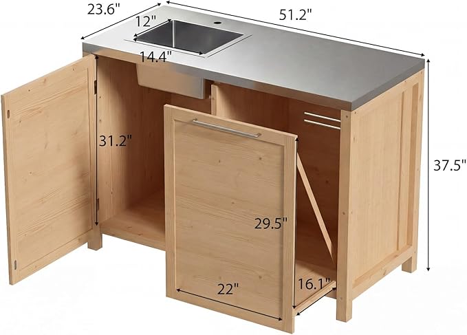 MOUMON Patio Kitchen Sink Cabinet with Stainless Steel Countertop, Solid Cedar Patio Prep Table with Trash Bin Compartment, Outdoor Cooking Station, Sink not Included, Oak 51.2”W x 23.6”D x 37.4”H