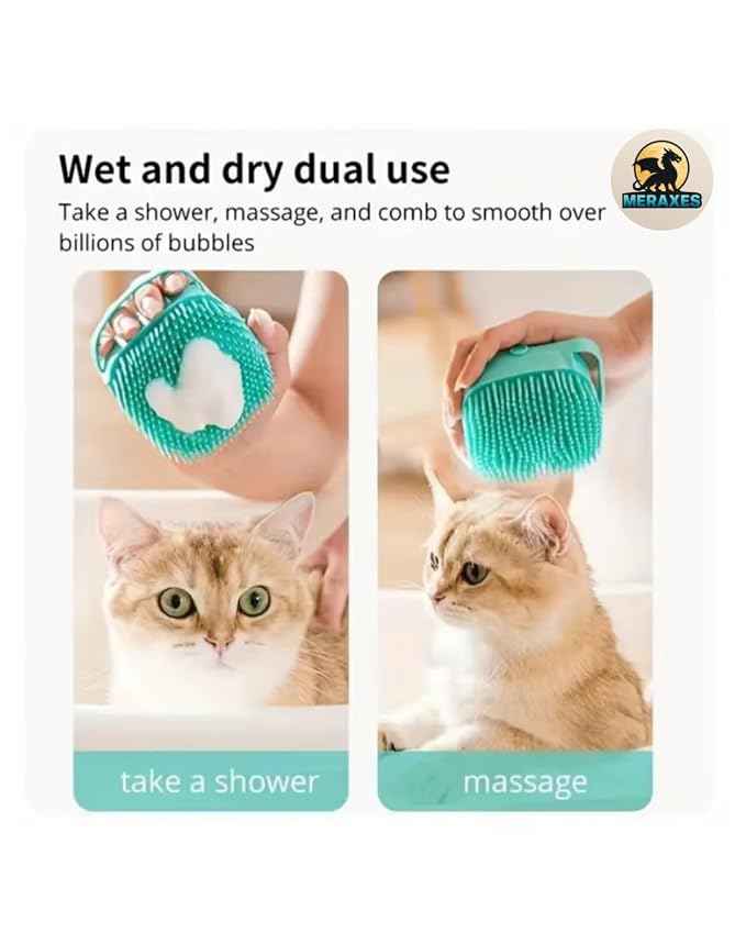 MERAXES Pet Grooming Bath Brush with Soap Dispenser – Soft Silicone Massage Bristles for Dogs & Cats, Gentle Deshedding & Deep Cleaning for Long or Short Hair – BLU