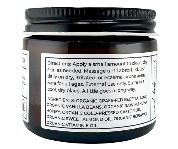 Faith and Grace Organics, Organic Tallow Balm, Vanilla and Manuka Honey, All-purpose Moisturizer, Safe for sensitive skin, Healing balm, 2 oz glass jar