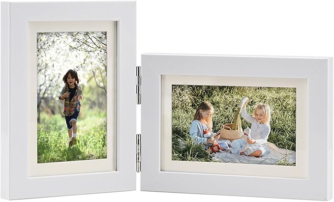 Double Hinged 4X6 Picture Frame with Real Glass-Tabletop or Wall Mounted, Display for 3X5 & 4X6 Photos (with/without Mat)-Matte White, For Family Photos & Wedding Memories-B4664
