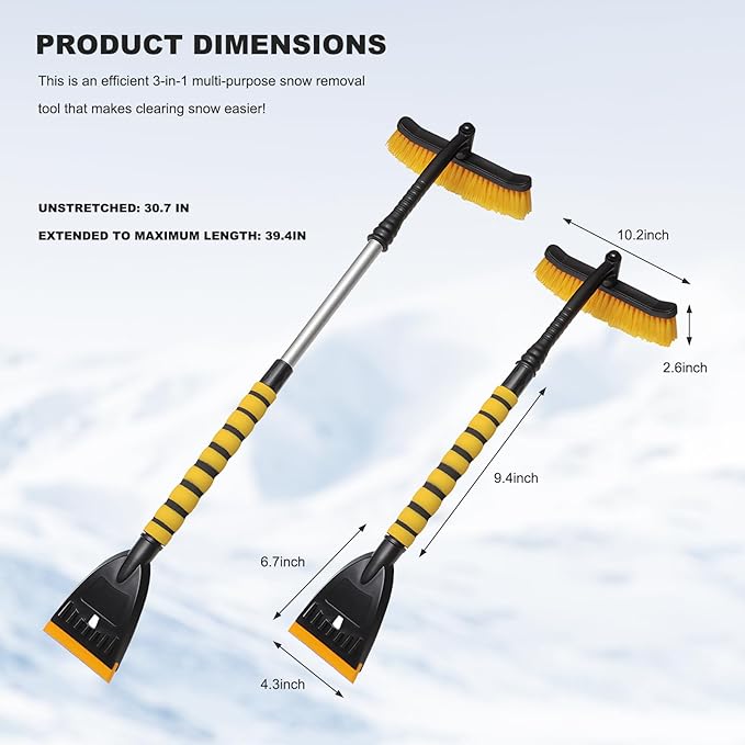 39" Snow Brush & Ice Scraper for Car Windshield, 2-in-1 Detachable Ice Scraper with 360° Pivoting Brush Head, Extendable Snow Removal Tool Winter Accessories for Cars Trucks SUVs (Yellow)