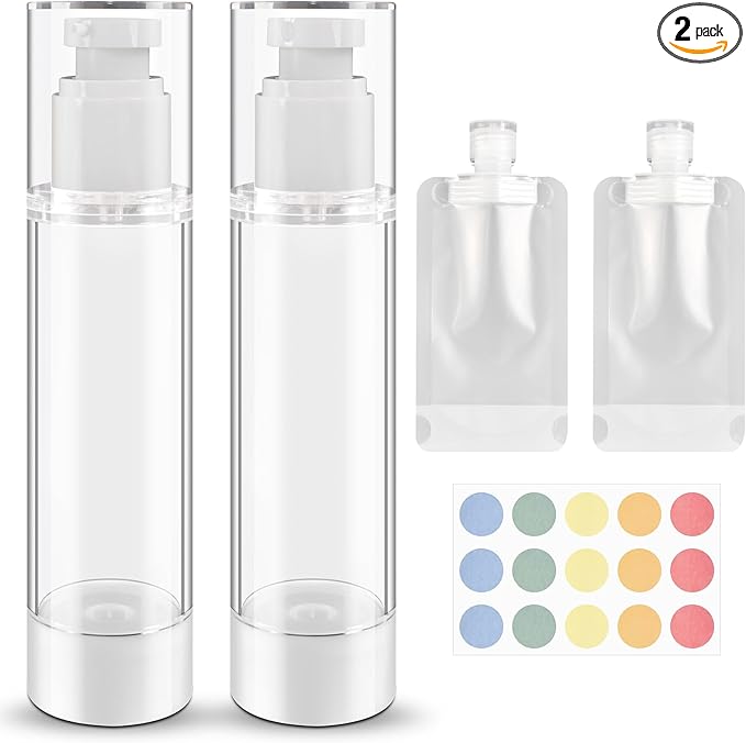 Airless Pump Bottles, 3.4oz/100ml lotion dispenser & Mist Spray Bottle for Toiletries, Refillable Travel Lotion Container,2pack Small Pump Bottle with 2pcs of 100ml Travel Pouches & Labels