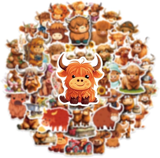 50Pcs Yak Stickers, Cute Cattle Stickers for Kids Teens, Vinyl Cartoon Highland Cow Sticker for Water Bottle Laptop Scrapbook Decor Incentive School Classroom Rewards Gift Party Favor Supplies