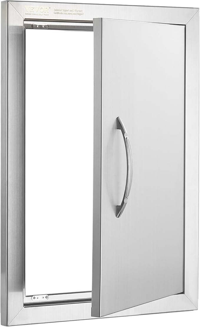 VEVOR Outdoor BBQ Kitchen Door - 14W x 20H Inch Stainless Steel Flush Mount Vertical Wall Door with Handle for Island, Grilling Station