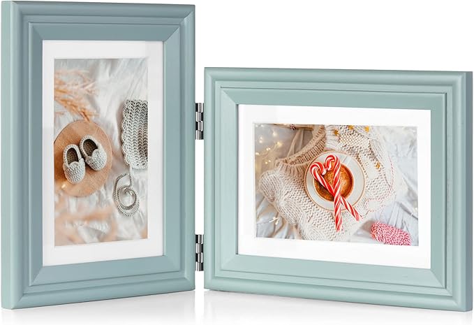 5X7 Double Wooden Hinged Picture Frame Vertical and Horizontal in Teal Blue, Display 4x6 with Mat or 5x7 without Mat, Folding Photo Frame with Real Glass Front for Tabletop X2-LAN-SH57