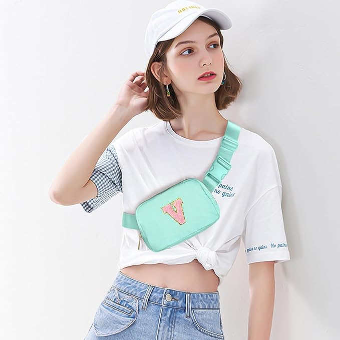 Gitus Belt Bag Fanny Pack Crossbody Bags with Initial Letter Patch Cute Stuff Birthday Gifts for Teenager Girls Trendy Preppy Stuff for Teen Girls Cool Stuff for Teens (Mint Green-V)