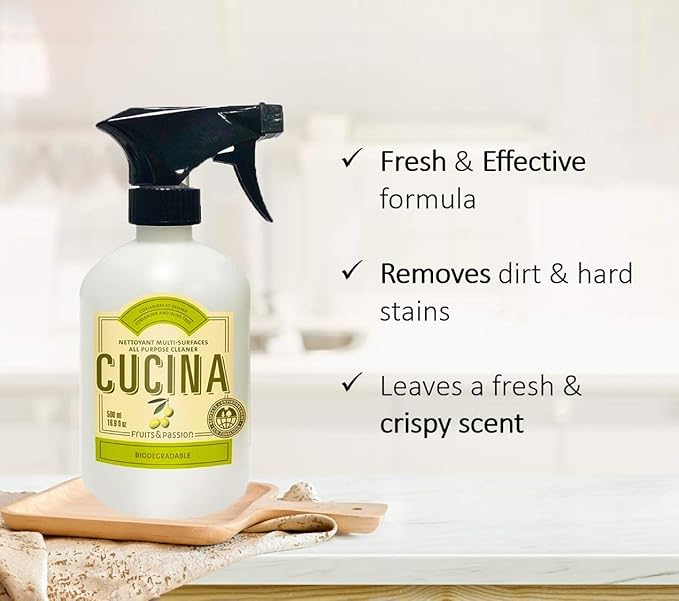 Fruits and passion Cucina Biodegradable Water Based All Purpose Cleaner Household Multi-Surface Spray 500 Milliliter (Coriander and Olive Tree)