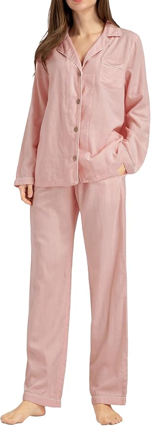 Womens Pajama Sets 100% Double Gauze Cotton Linen Like Muslin Pajamas Long Sleeve Button Down Sleepwear Soft Pjs Lounge Set