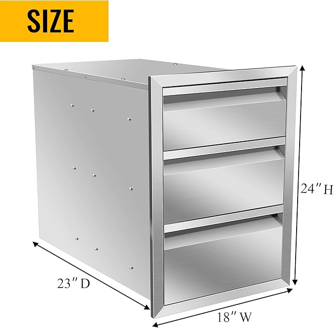 Outdoor Kitchen Drawers Stainless Steel 18W X 24H X 23D Inch, Flush Mount Triple BBQ Island Drawers with Hidden Handle for Outdoor Kitchens, Patio or Grill Station