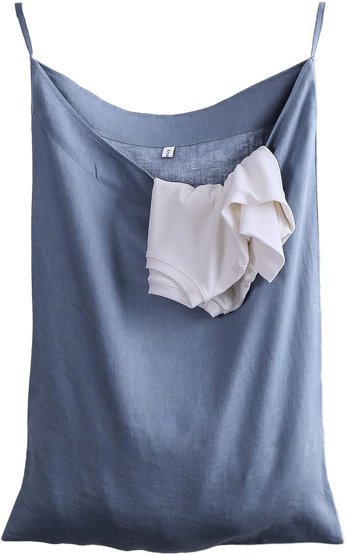 Amazhiyu Pure Linen Over The Door Laundry Hanging Hamper Bag for Holding Dirty Clothes and Saving Space Steel Blue