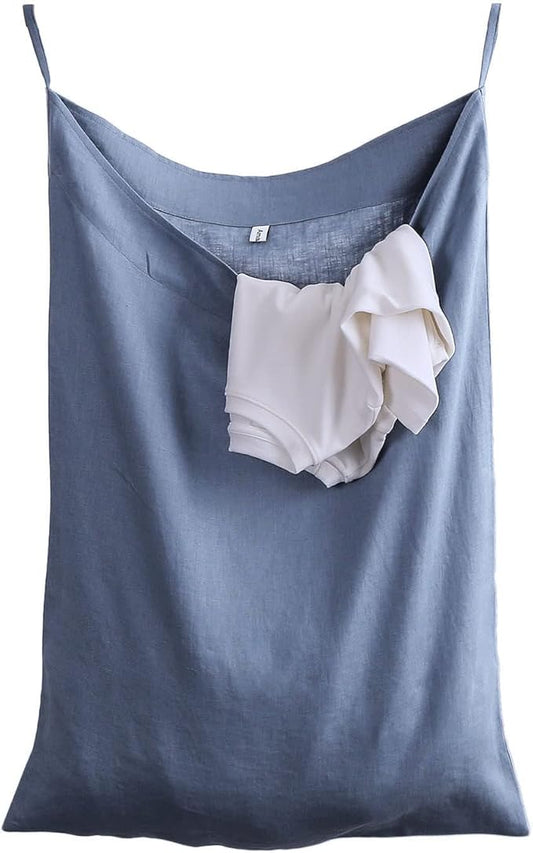 Amazhiyu Pure Linen Over The Door Laundry Hanging Hamper Bag for Holding Dirty Clothes and Saving Space Steel Blue