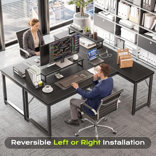 PRAISUN 53" L Shaped Computer Desk, Power Outlets, Monitor Stand, Black