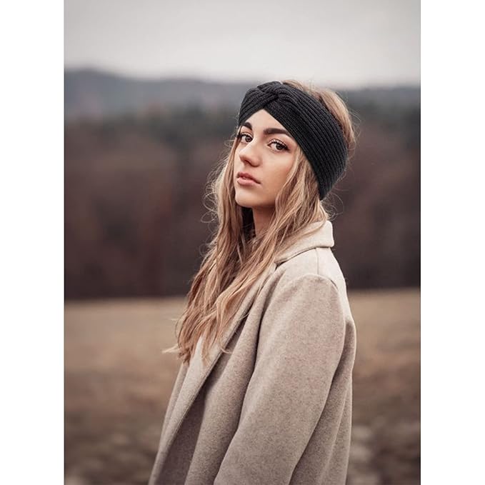 AQOKKA Knit Winter Headbands for Women Fuzzy Wool Fleece Lined Ear Warmers Elastic Turban Crocheted Head Wrap Winter Accessories for Women Cold Weather