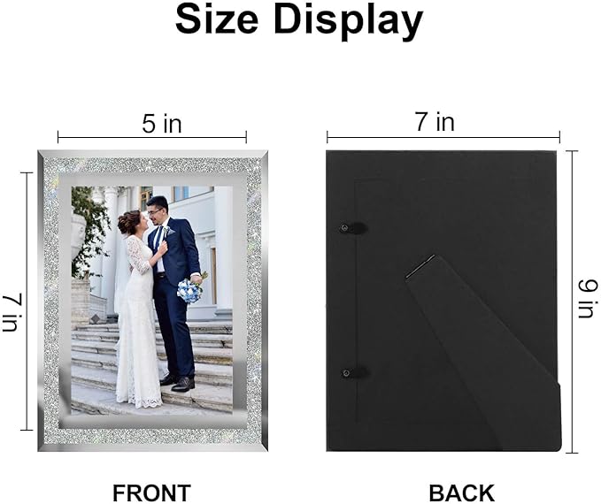 5x7 Picture Frames Silver - Set of 2, Sparkle Real Glass 5 by 7 Photo Frame Mirrored Edge Great Gift, for Tabletop Display, Wedding Birthday Christmas Day Gifts (5 x 7, Glitter Silver)
