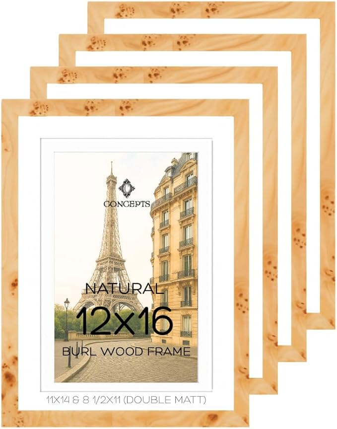 Concepts Set of 4 12X16 Burl Wood Picture Frames with Double Matted (11X14 / 8.5X11), Natural Wood Finish, Eco-Friendly Packaging – Elegant Wallhung Decor for Family Photos