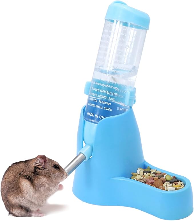 Wontee 3 in 1 Hamster Water Bottle with Food Bowl Hideout Base, 125ML, Blue | Water dispenser, food container, hideout, stable base, easy to refill, for glass tank/cage, dwarf hamster/mouse/gerbil, 4.2oz