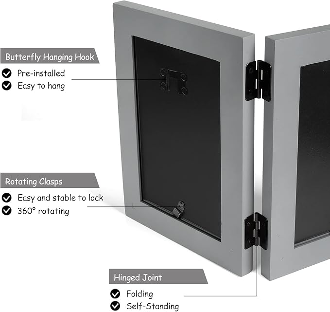 3 Vertical Horizontal Hinged Wood Picture Frame 4x6 and 5x7 Triple Folding Photo Frame Home Decor with Real Glass Front in Gray for Tabletop, Display 4x6 with Mat or 5x7 without Mat