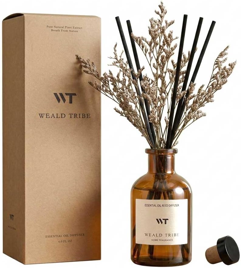 WEALD TRIBE Flower Reed Diffuser Set Vanilla Cinnamon Scent for Bathroom Air Fresheners | 4.0 fl oz Essential Oils with Sticks Home Fragrance Defusers | House Bedroom Office Shelf Decor & Gift