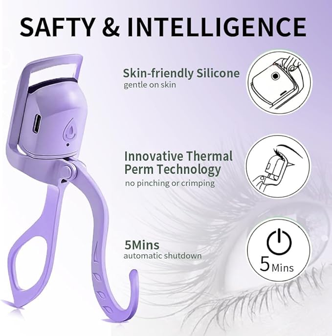 Heated Eyelash Curler, Fast 5s Heat up, 24 Hours Long Lasting, Rechargeable Electric Lash Curler, Temperature Control, Safe Anti-Burn Eye Lash Curler, Quick Natural Curling Lashes (Purple-1)