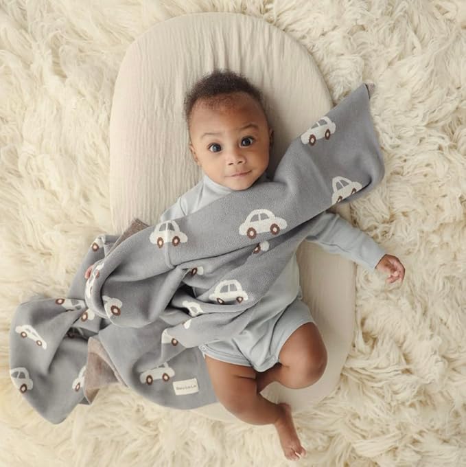 Knit Baby Blanket for Girls and Boys 100% Cotton Buttery Soft Cozy Receiving Swaddle Stroller Blanket for Shower Gift Registry for Newborns, Infants, Toddlers (Cars - Cream)