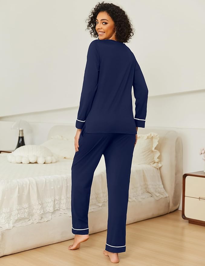 Ekouaer Womens 2 Pack Pajama Set Long Sleeve Pajamas Top and Pants V Neck Pjs Set Soft Loungewear with Pockets