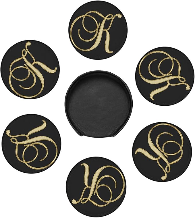 Famame 6 Pcs Letter K Alphabet Gold Print Leather Coasters for Drinks with Holder Coaster Sets Drink Table Cup Coasters for Living Room Kitchen Coffee Decor
