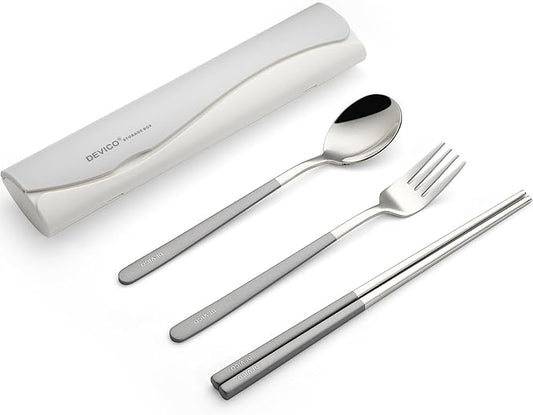 DEVICO Portable Travel Utensils with Case, Reusable Camping Silverware for Lunch, 18/8 Stainless Steel Cutlery Set (Gray)