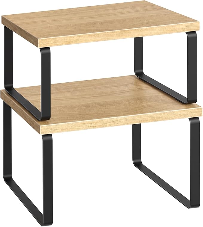 HOOBRO Spice Rack Set of 2, Kitchen Counter Organizer, Kitchen Storage, Cabinet Organizer Shelf, Nest, Stackable, Side-by-Side & L-Shape for Cabinet, Kitchen,Bathroom, Natural and Black BN33TL01