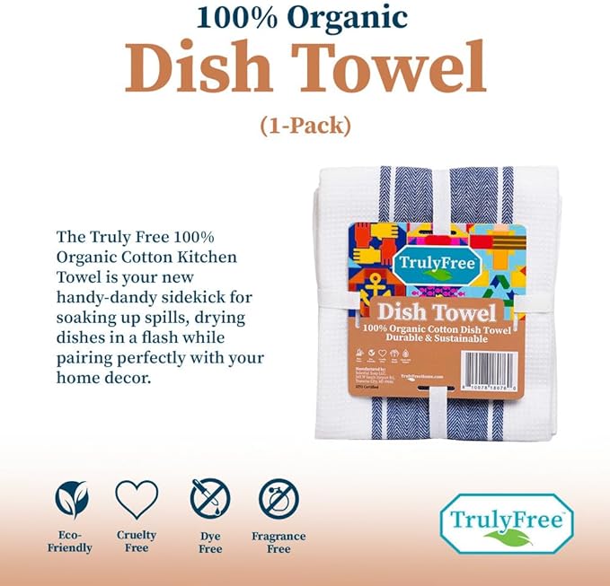 Truly Free Organic Cotton Dish Towels, Highly Absorbent with Hidden Hanging Loop, Plaid Pattern, Lint-Free, Premium Kitchen Towels, 24" x 14.5" (1-Pack)